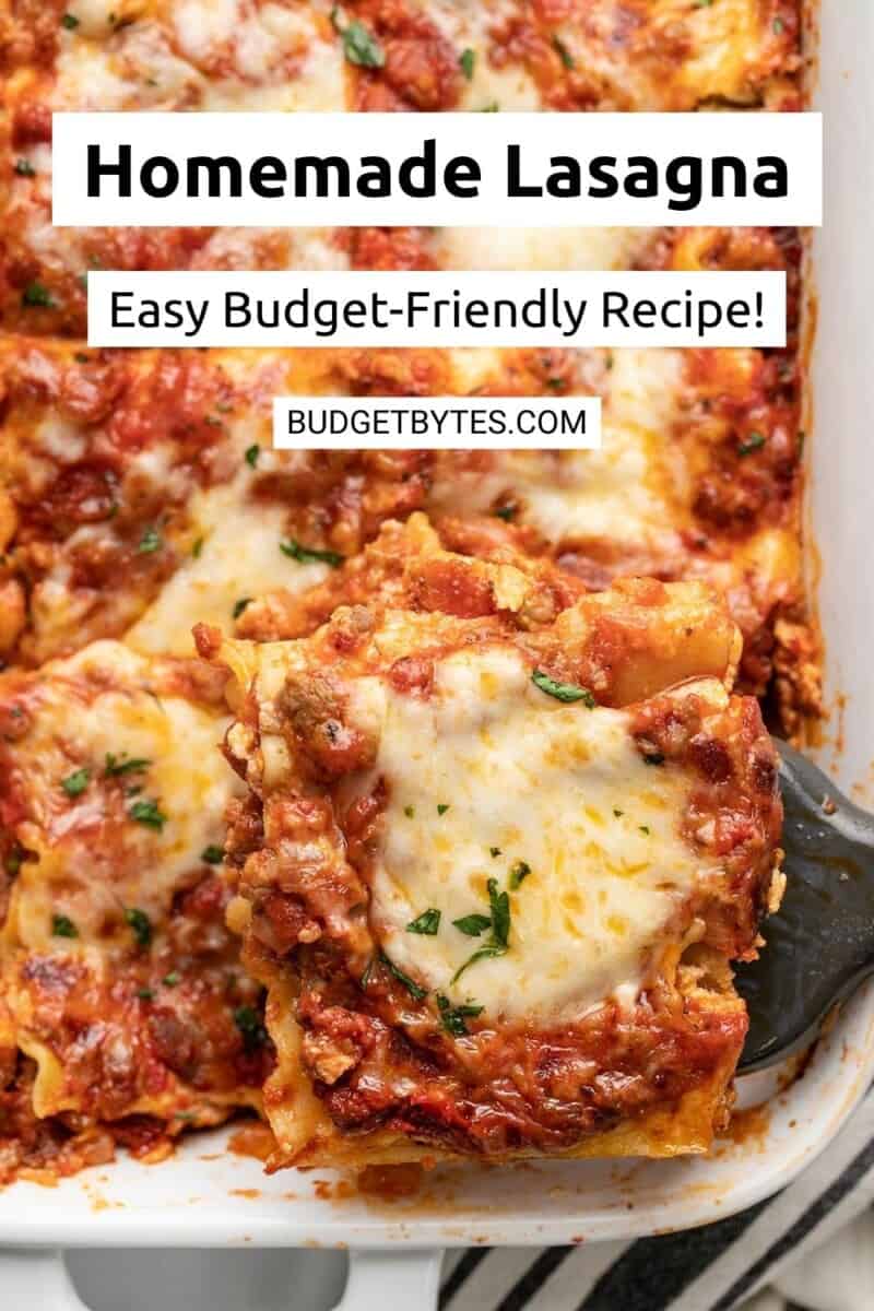 Close up overhead view of lasagna in the casserole dish, title text overlay at the top.