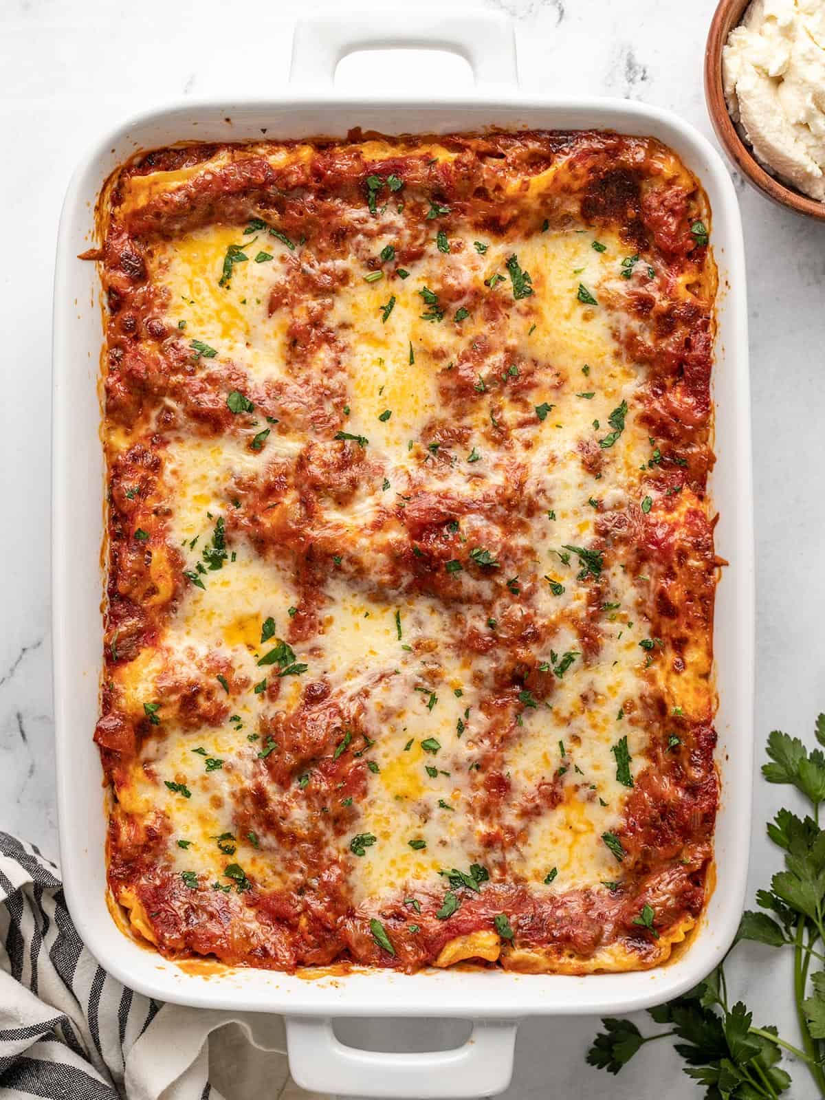 Overhead view of the entire pan of lasagna.