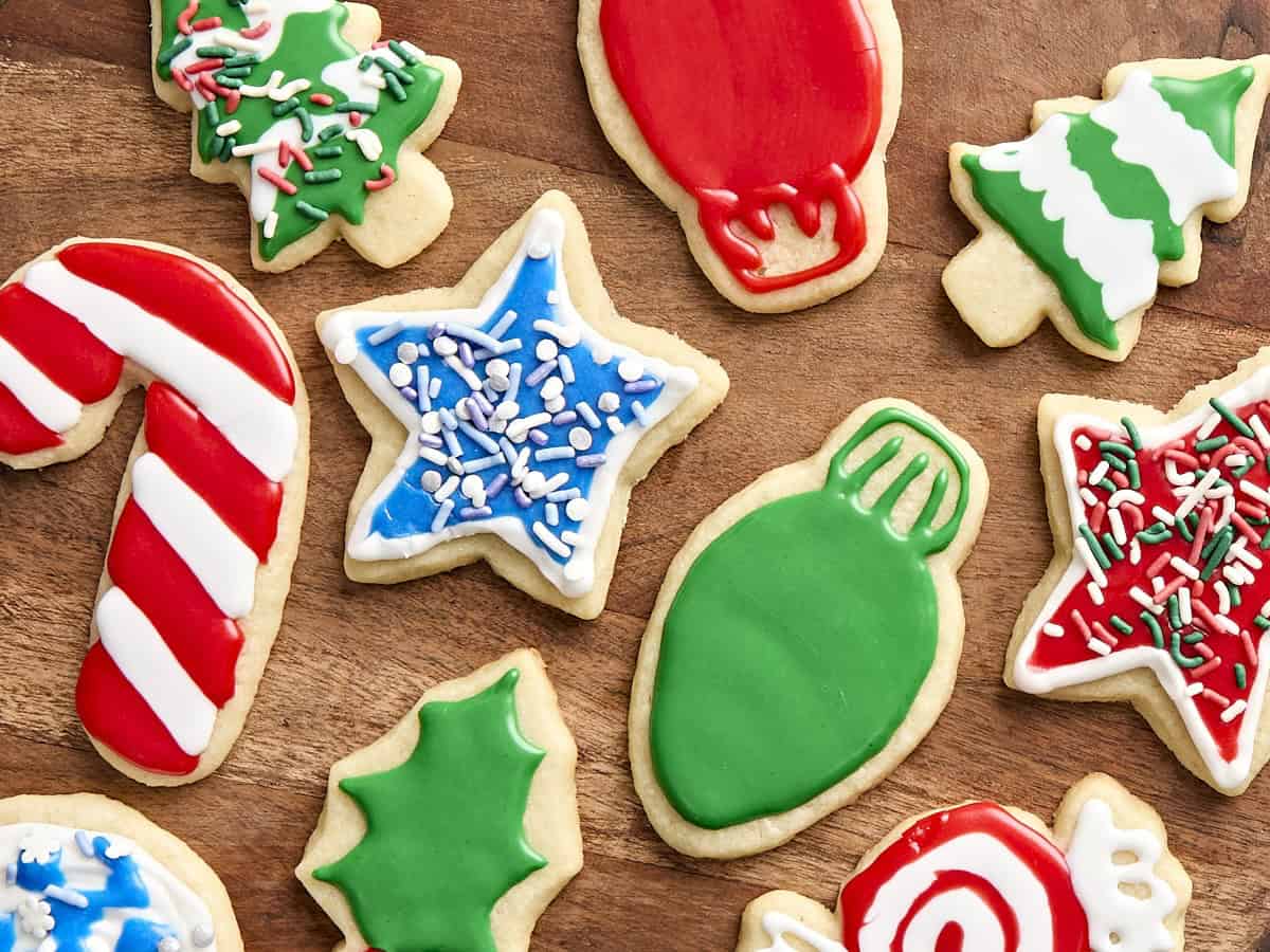 Overhead view of festive sugar cookies.