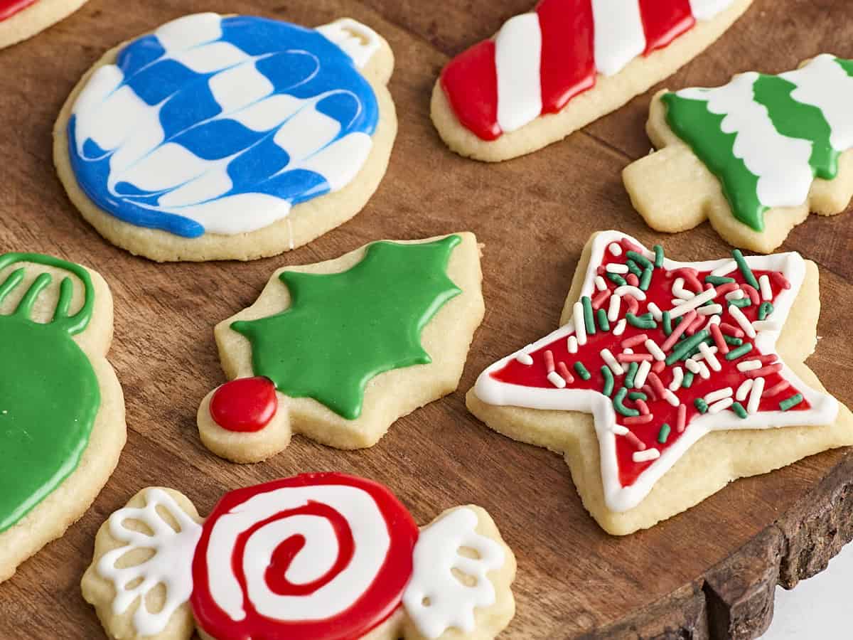 Close up side view of festive iced sugar cookies.