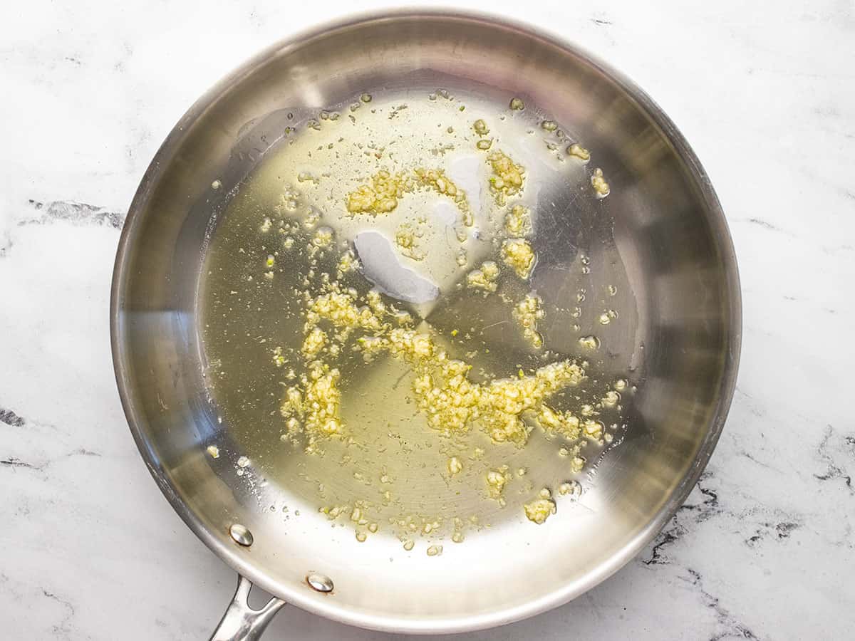 Garlic and oil in the skillet.