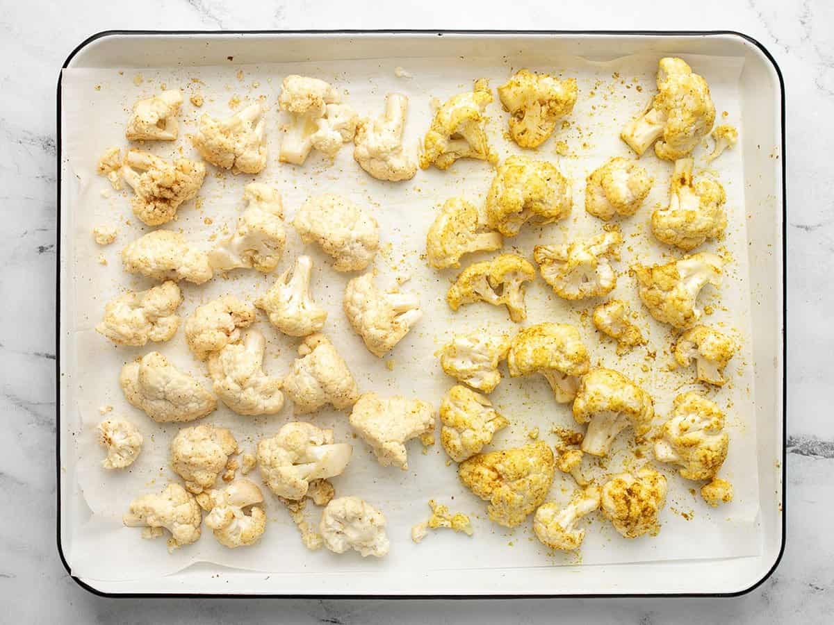 Cauliflower on the sheet pan ready to roast.