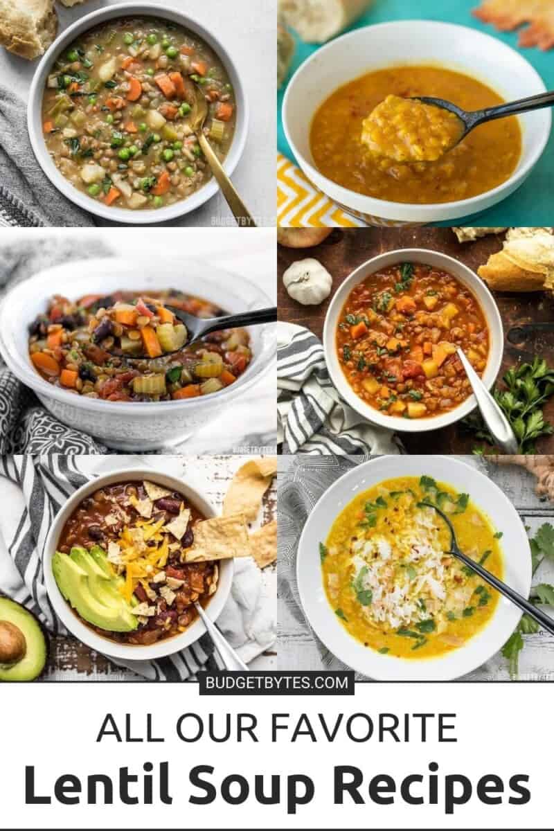 A vertical collage of six lentil soups with text underneath