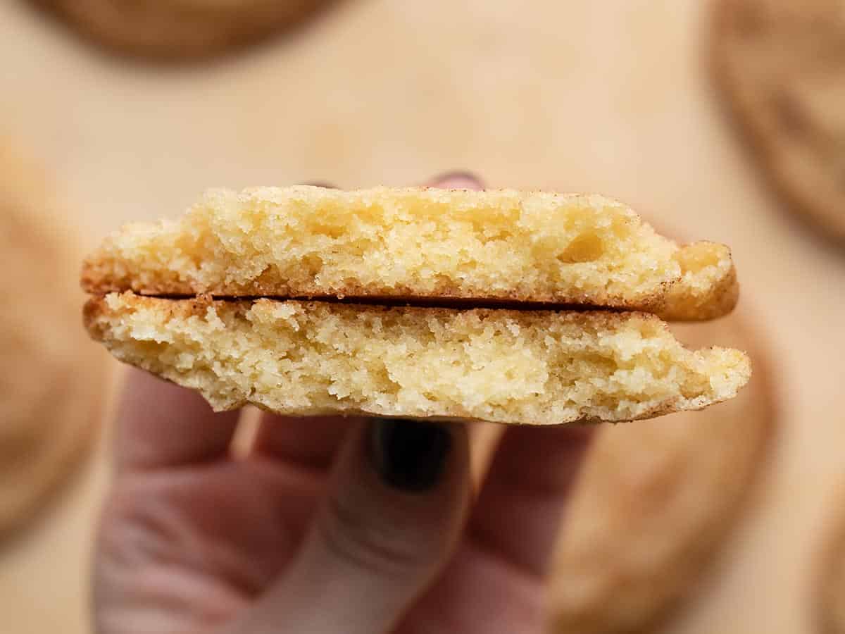 Overhead shot of a hand holding two snickerdoodle cookie halves and showing off the inside crumb.