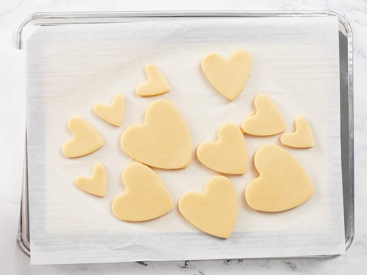 Overhead shot of raw Valentine's Day cookies.