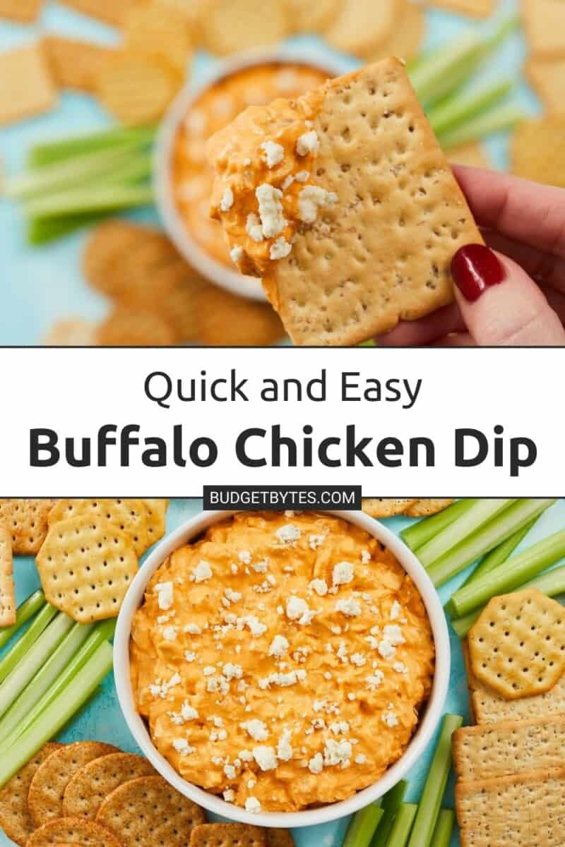 Collage of images of buffalo chicken dip with title text in the center.