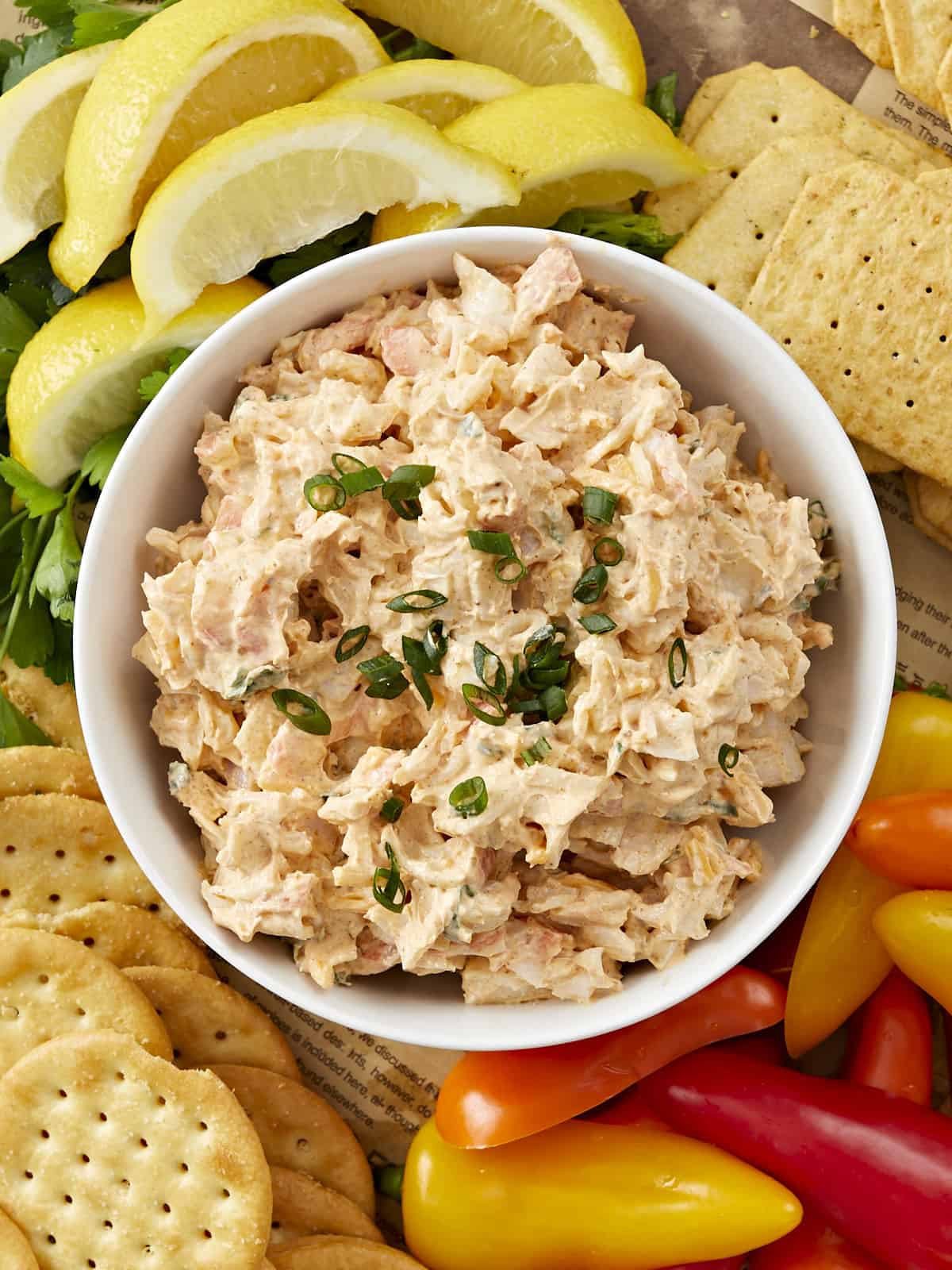 Overhead shot of crab dip in a white bowl surrounded by veggies. 