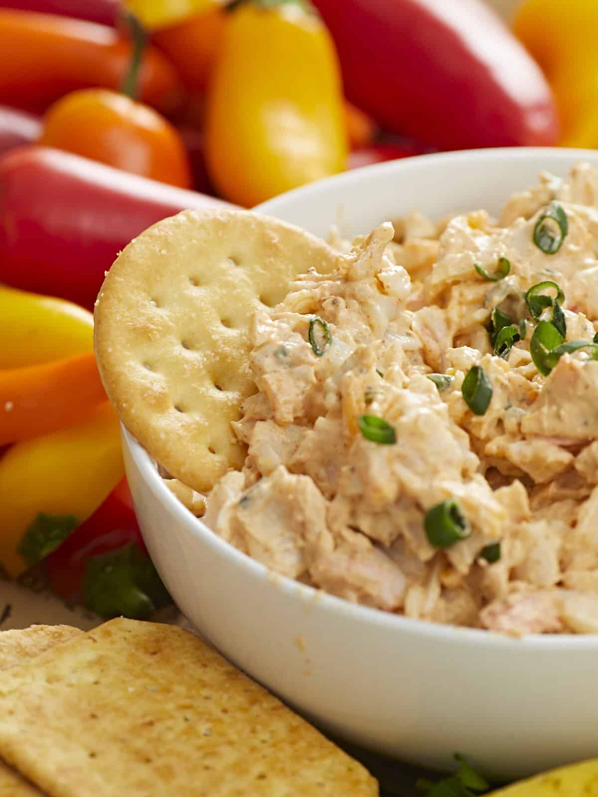 Cracker in a bowl of crab dip.