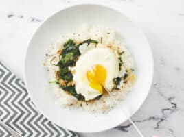 Close-up of a everything bagel rice bowl.