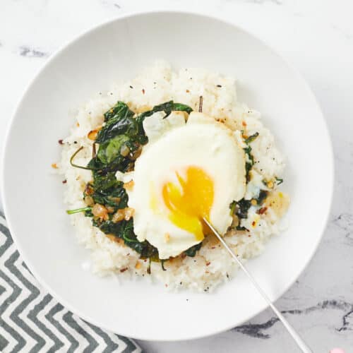 Close-up of a everything bagel rice bowl.