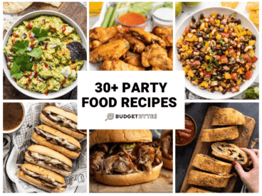 Colorful party food spread laid out on a table.