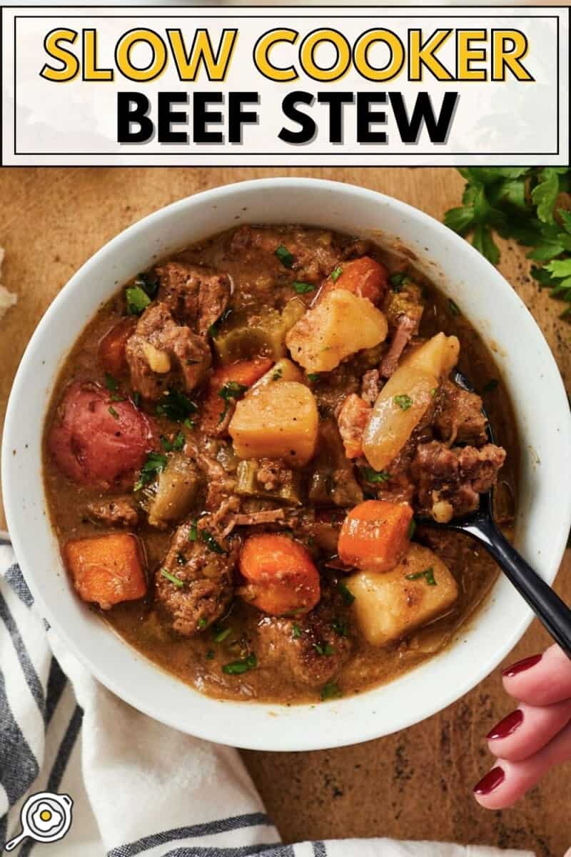 Overhead view of a bowl full of slow cooker beef stew.