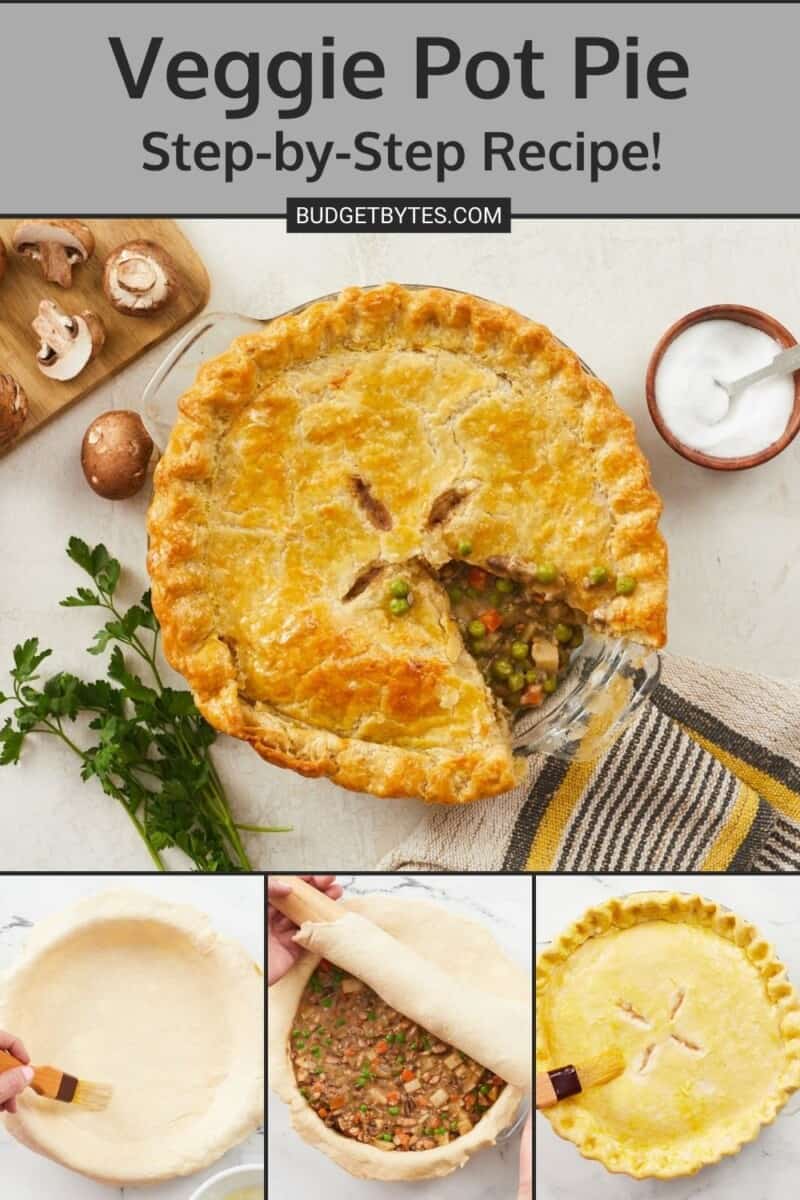 Overhead shot of a golden veggie pot pie with a slice taken out of it.