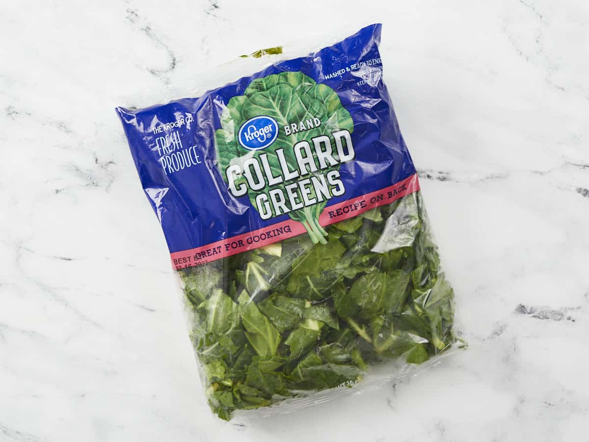 Bagged chopped collard greens.