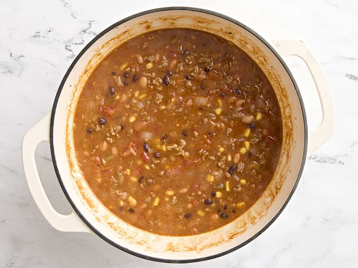 Finished taco soup in a dutch oven.