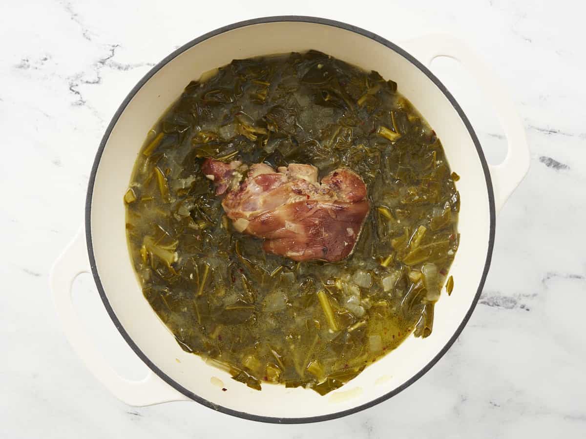 Simmered collard greens in the pot.