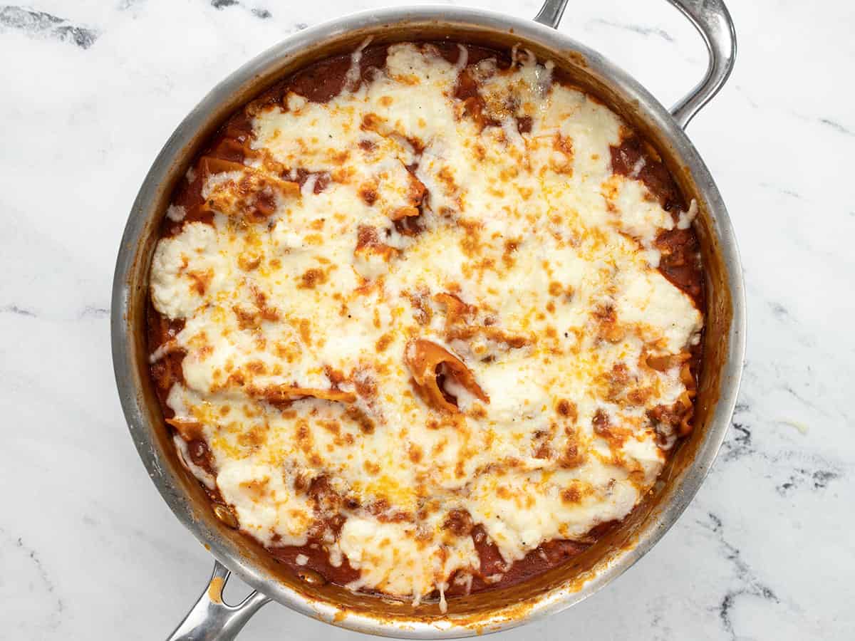 Melted cheese on top of the skillet lasagna.