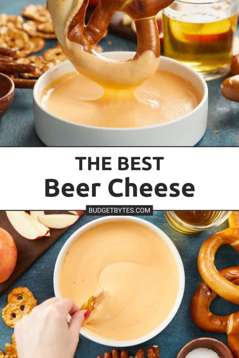 A text box that says "the best beer cheese" with two horizontal images of the final cheese dip surrounded by an assortment of pretzels, apple slices and glasses of beer.