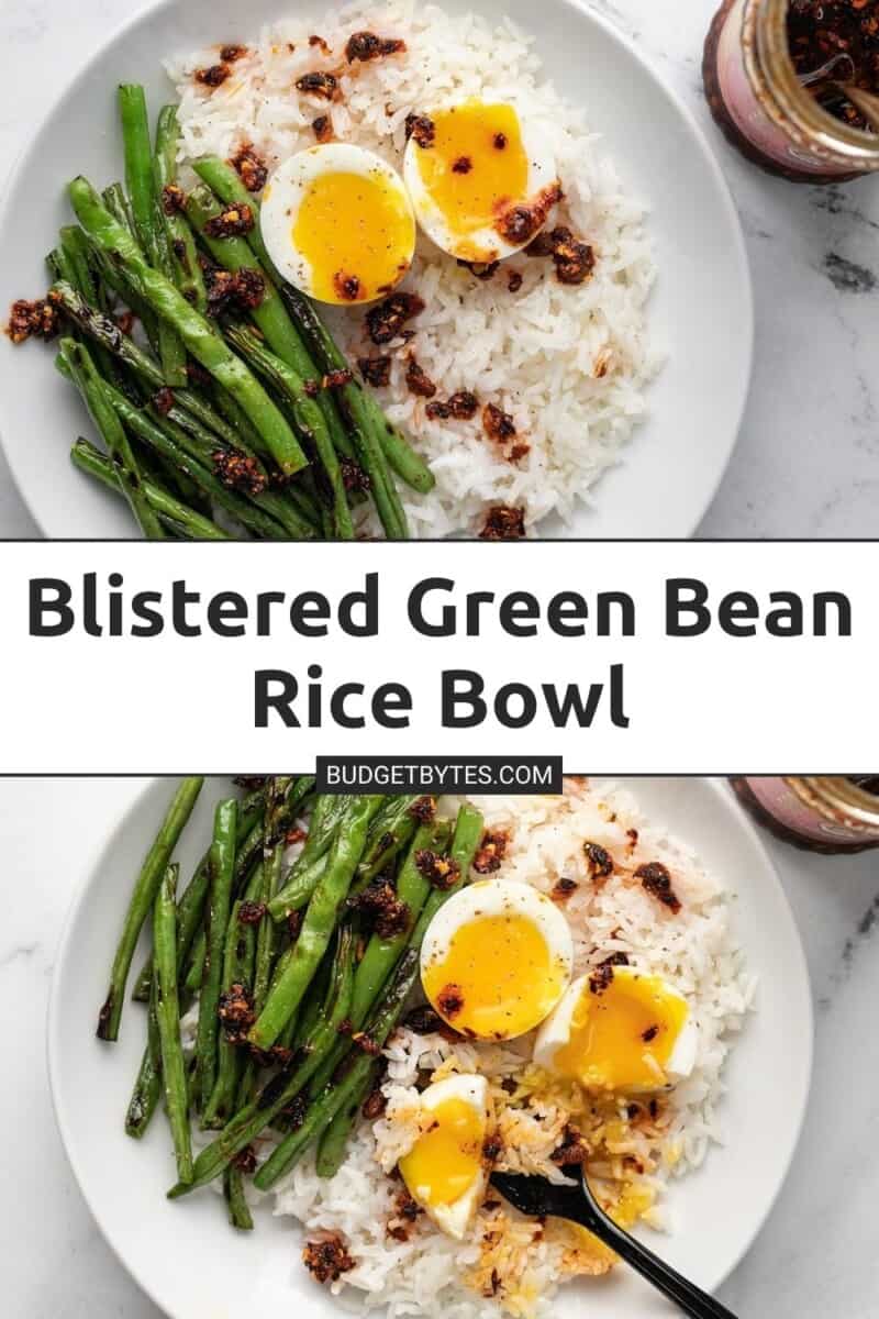 Two shots of blistered green bean rice bowls.