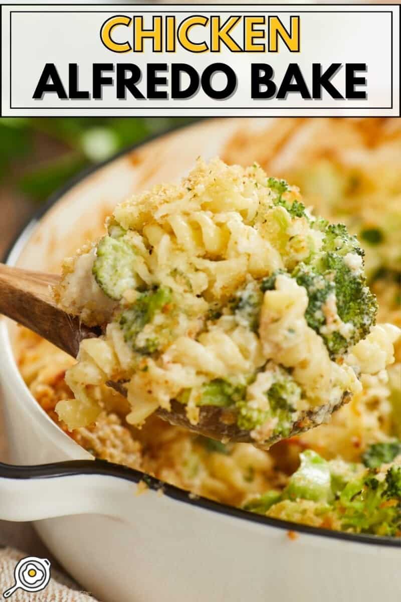 Side view of chicken alfredo bake being scooped out of the casserole dish.