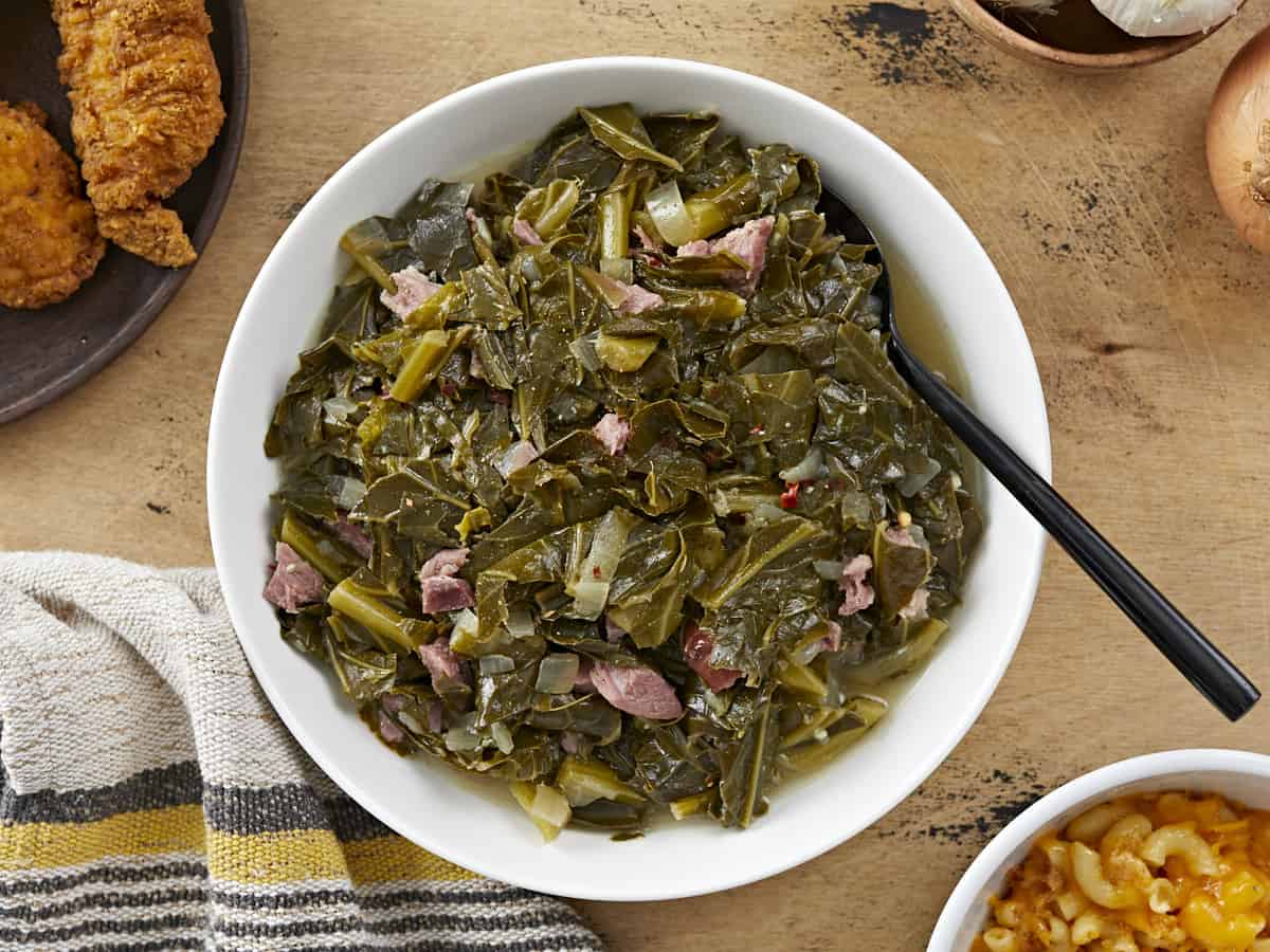 Overhead view of a bowl full of collard greens.