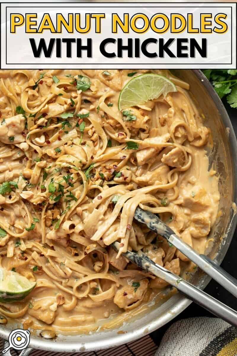 Overhead view of a skillet full of peanut noodles with chicken.