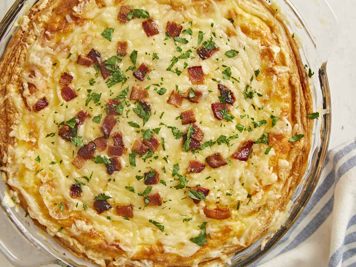 Overhead shot of Quiche Lorraine in a pie plate.