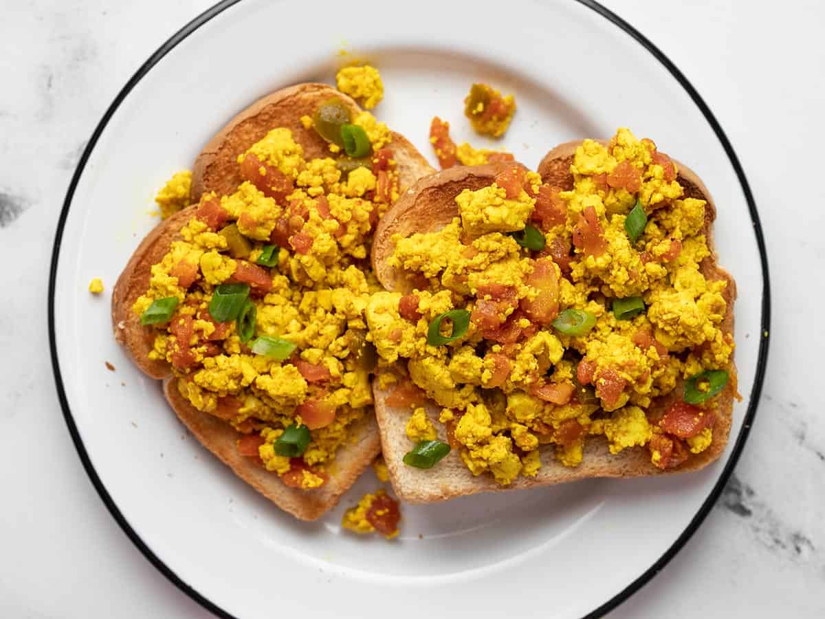 Tofu scramble on two slices of toast.