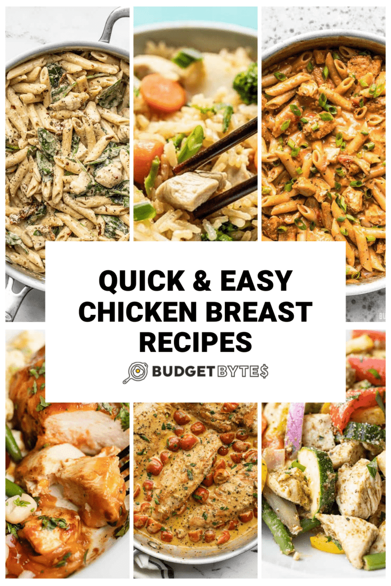 A collage of six chicken breast recipes, clockwise from the top left: one-pot creamy pesto chicken, one-pot chicken teriyaki and rice, one-pot creamy cajun chicken pasta, pesto chicken and vegetables, creamy pesto chicken, and bbq cheddar baked chicken.