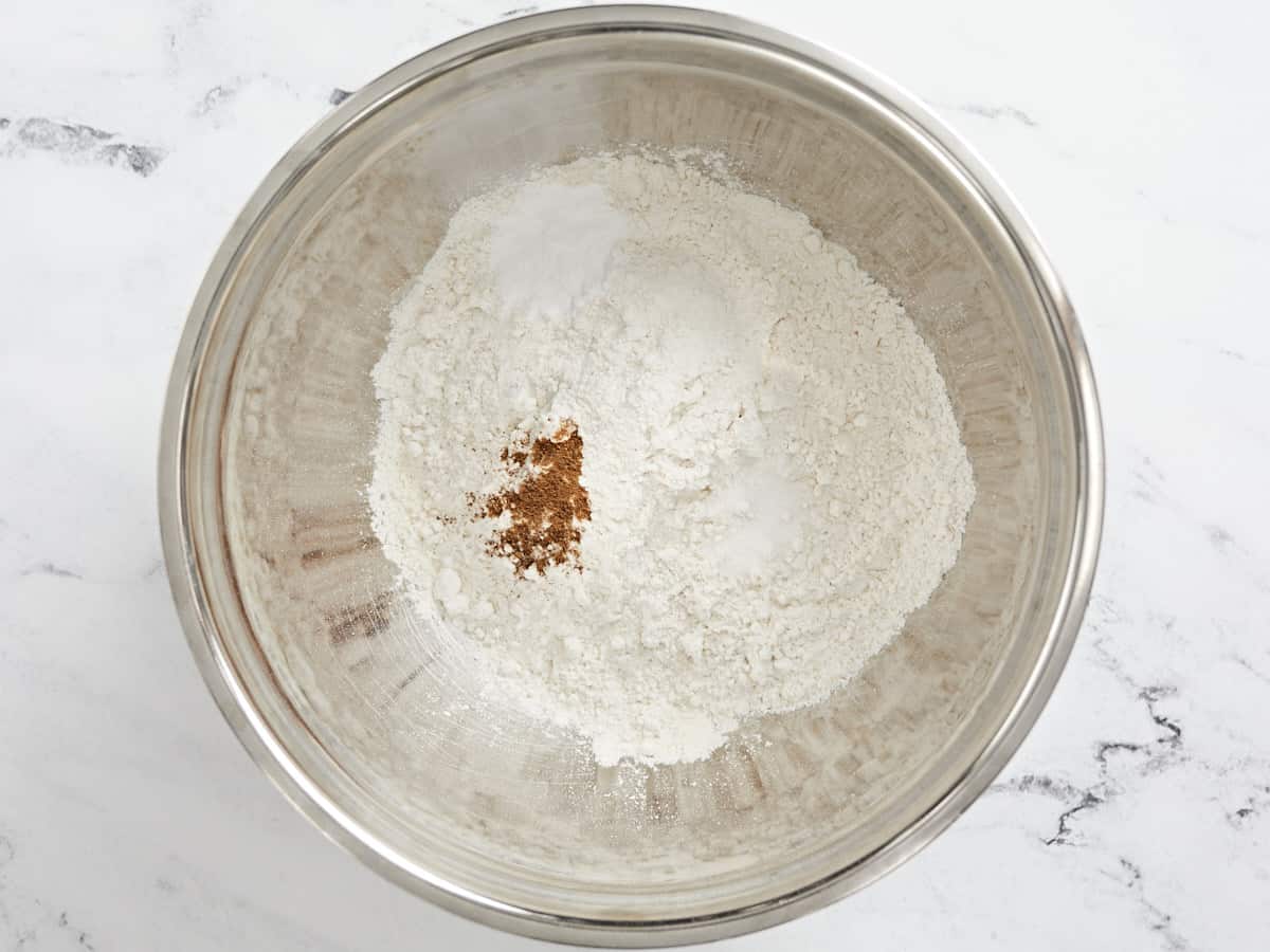 Dry ingredients for biscotti in a bowl.