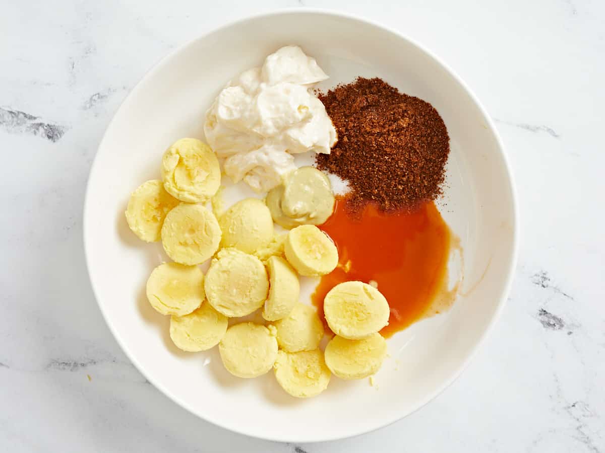 Overhead shot of filling ingredients in a white bowl.