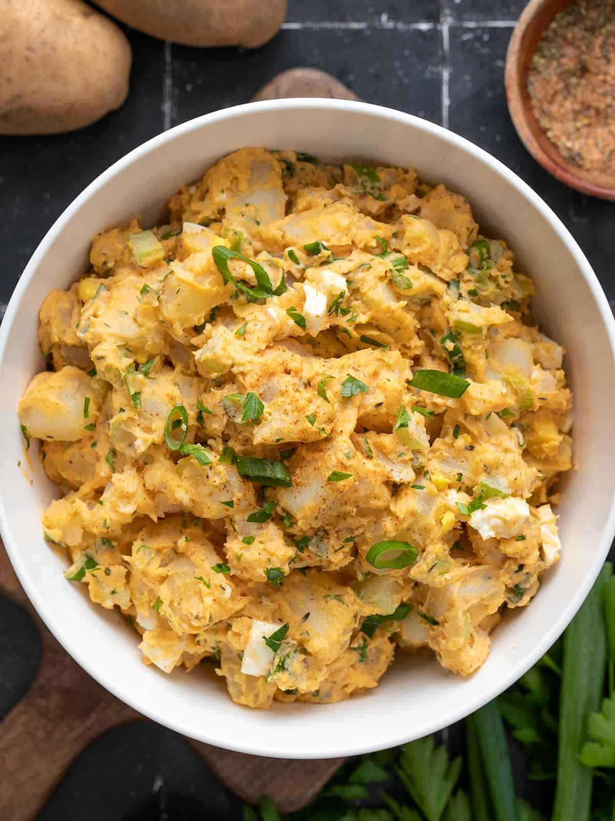 Overhead view of Cajun Potato Salad in a bowl.