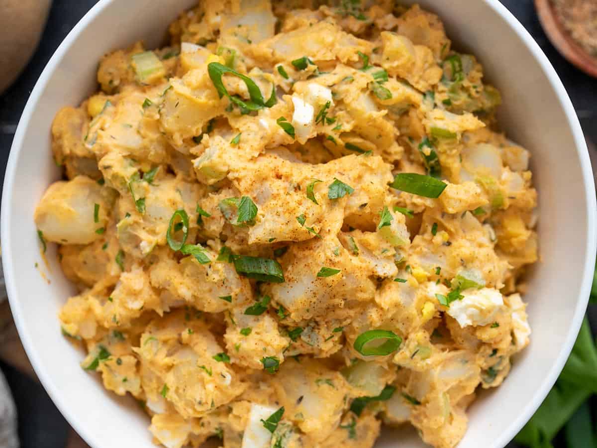 Close up overhead shot of Cajun Potato Salad in a bowl.