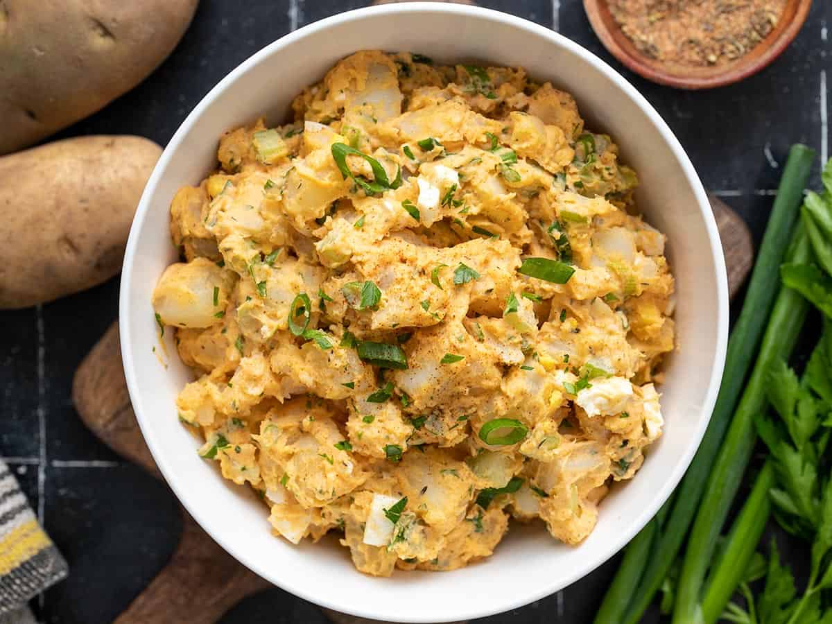 Overhead view of a bowl full of Cajun Potato Salad.