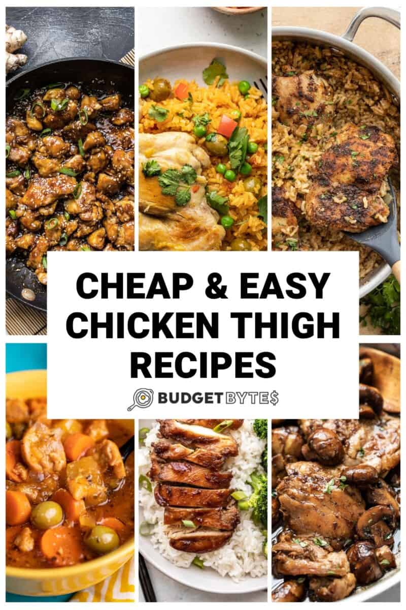 Collage of chicken thigh recipe photos with title text in the center.