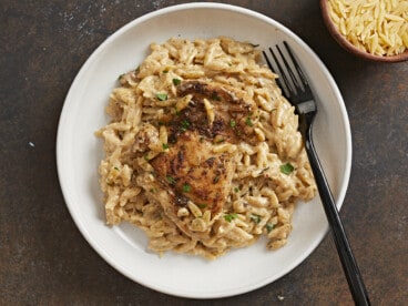 Overhead shot of Creamy Chicken and Orzo in a white bowl.