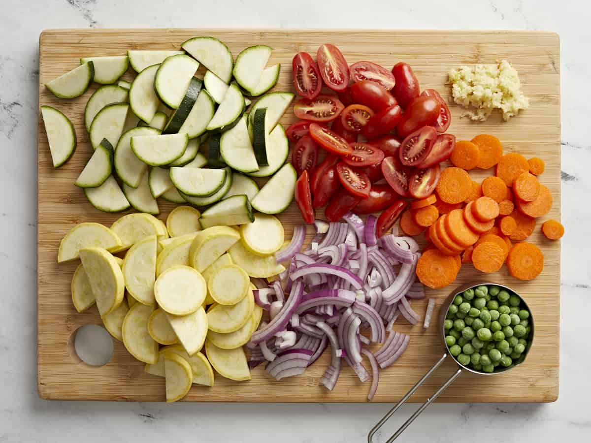 Chopped vegetables on a cutting board.