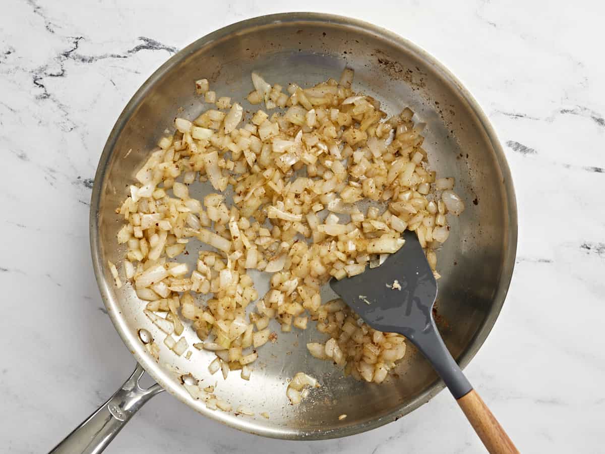 Sautéed onions in the skillet.