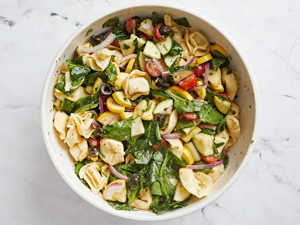 Finished tortellini salad in the bowl. 