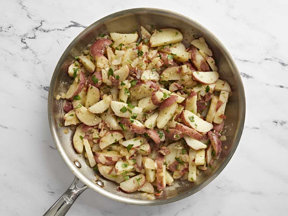 Finished German Potato Salad in the skillet.