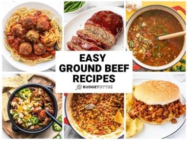 Collage of ground beef recipe images with title text in the center.