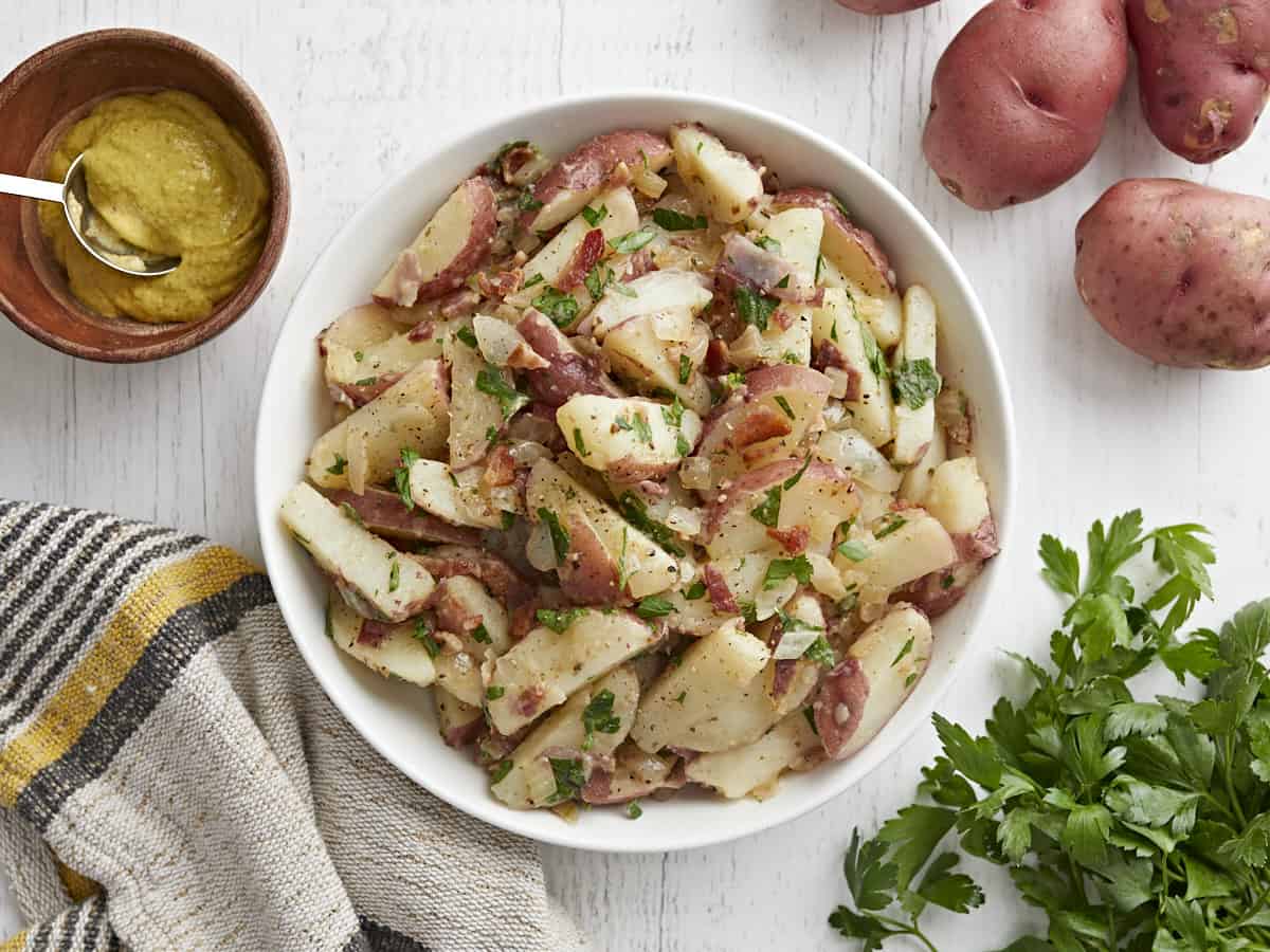 Overhead view of German Potato Salad in a bowl.