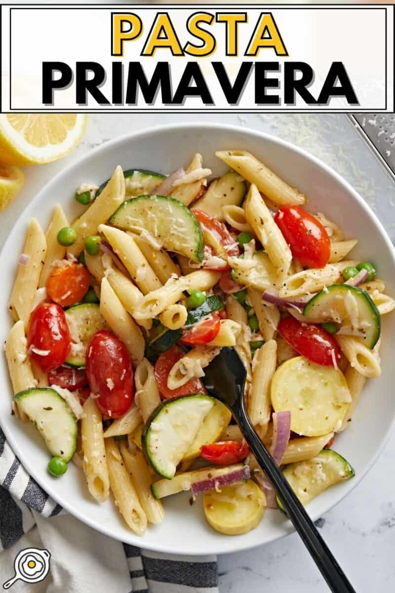 Overhead view of a bowl of Pasta Primavera.