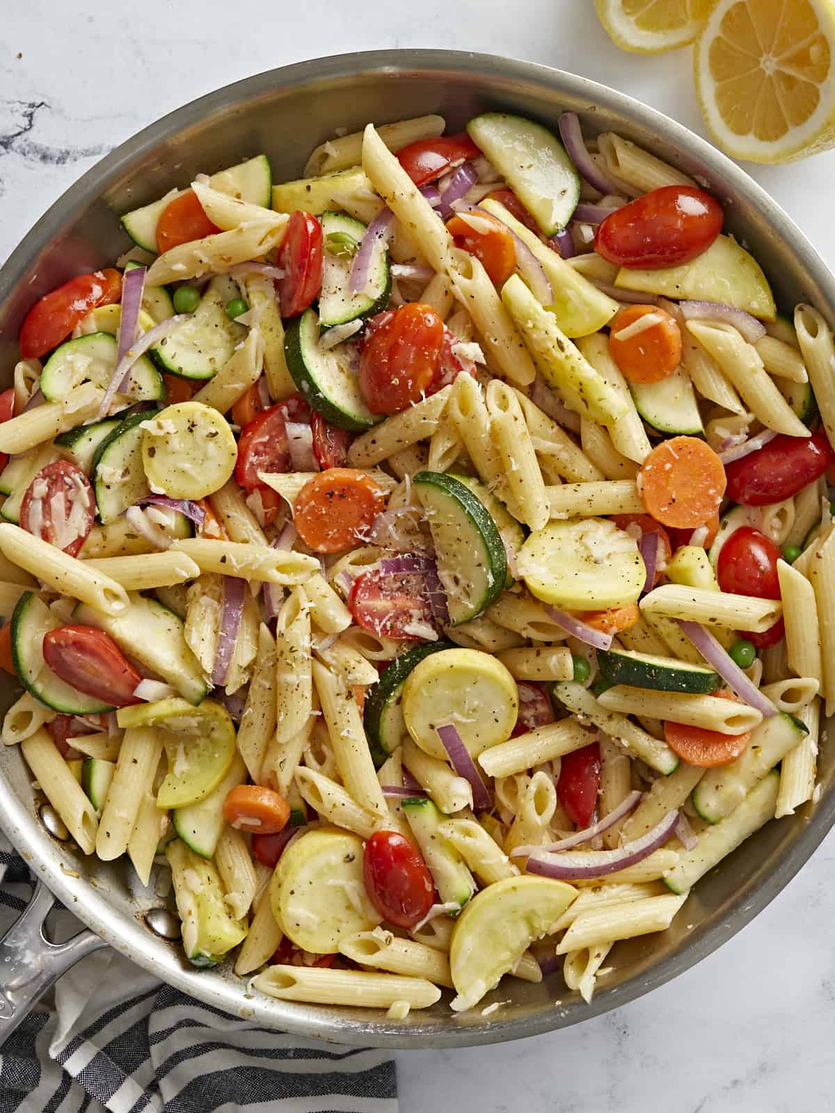 Overhead image of pasta primavera in the skillet.