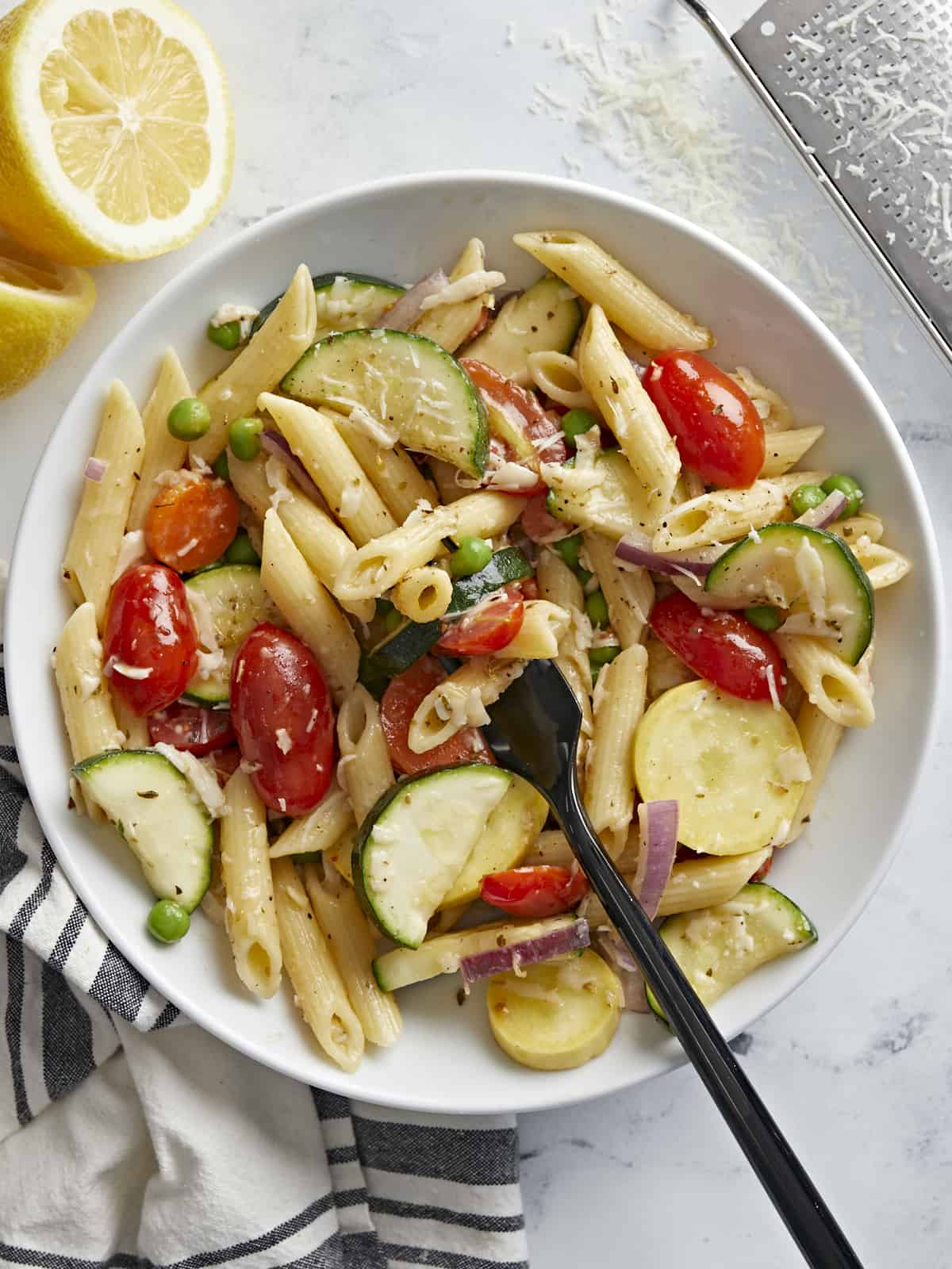 Overhead shot of a bowl full of pasta primavera.