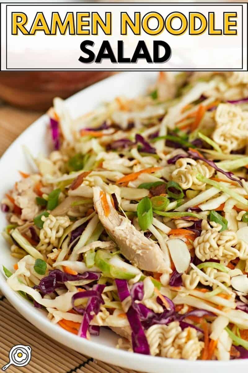 Close up side view of ramen noodle salad on a serving platter.