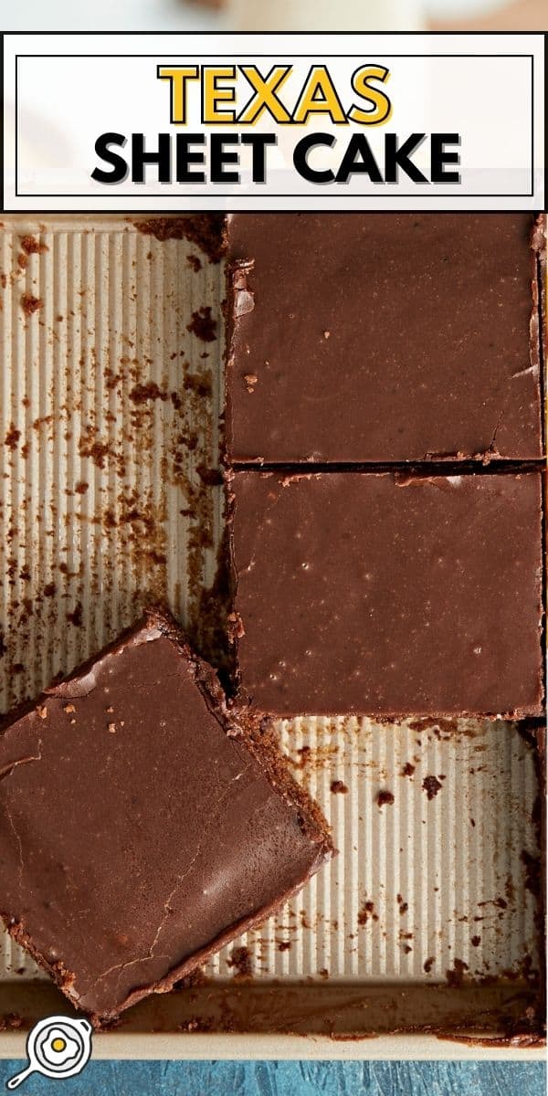 Overhead shot of three slices of Texas Sheet Cake on a sheet pan.