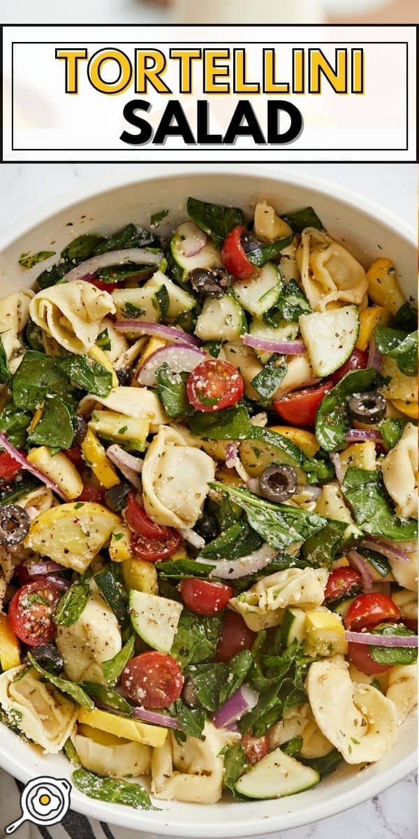 Overhead shot of tortellini salad in a white bowl.