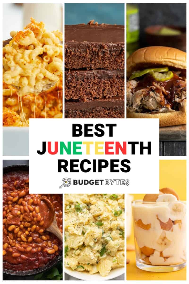 Collage of BBQ and Soul Food type recipes with Best Juneteenth Recipes title in the center.