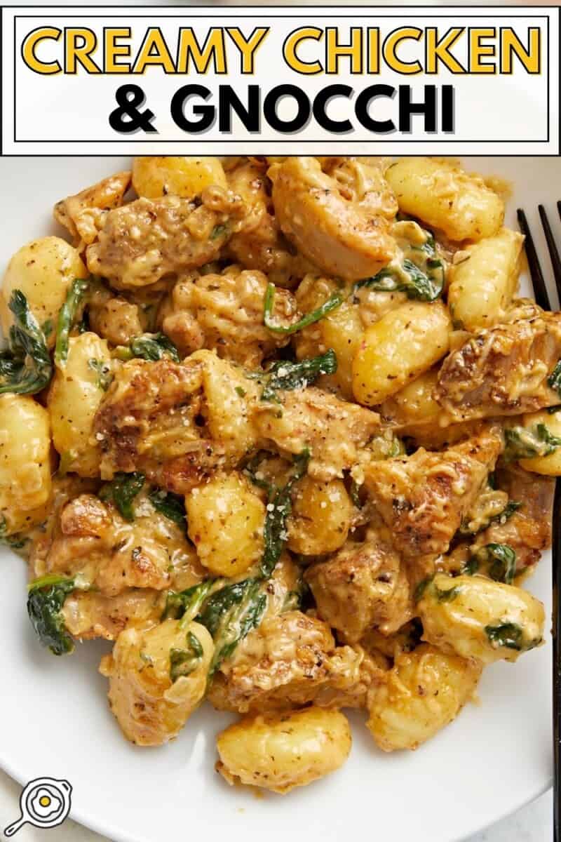 Overhead shot of Creamy Chicken and Gnocchi in a white bowl with a black fork in it.